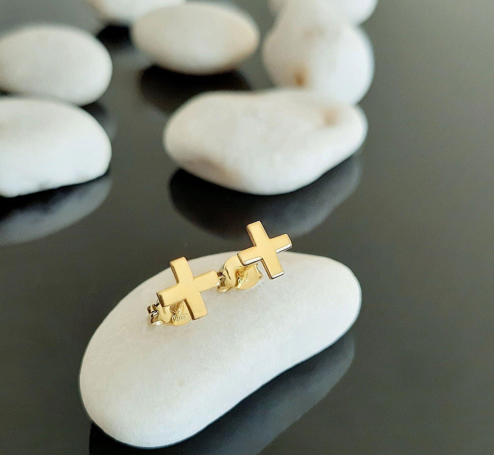 Tiny Cross Stud Earrings, 14K Gold Earrings - InfinityJools